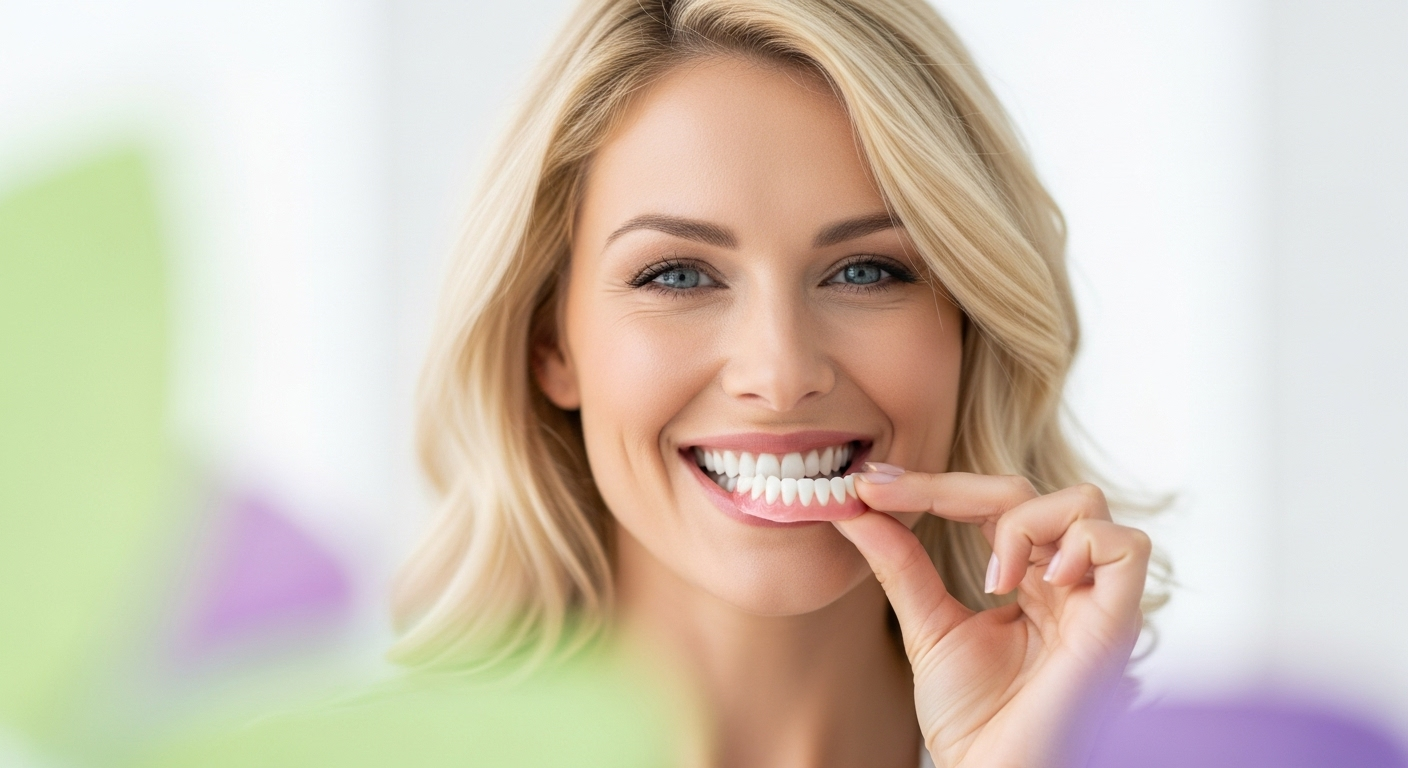 Smiling woman holding dental veneers